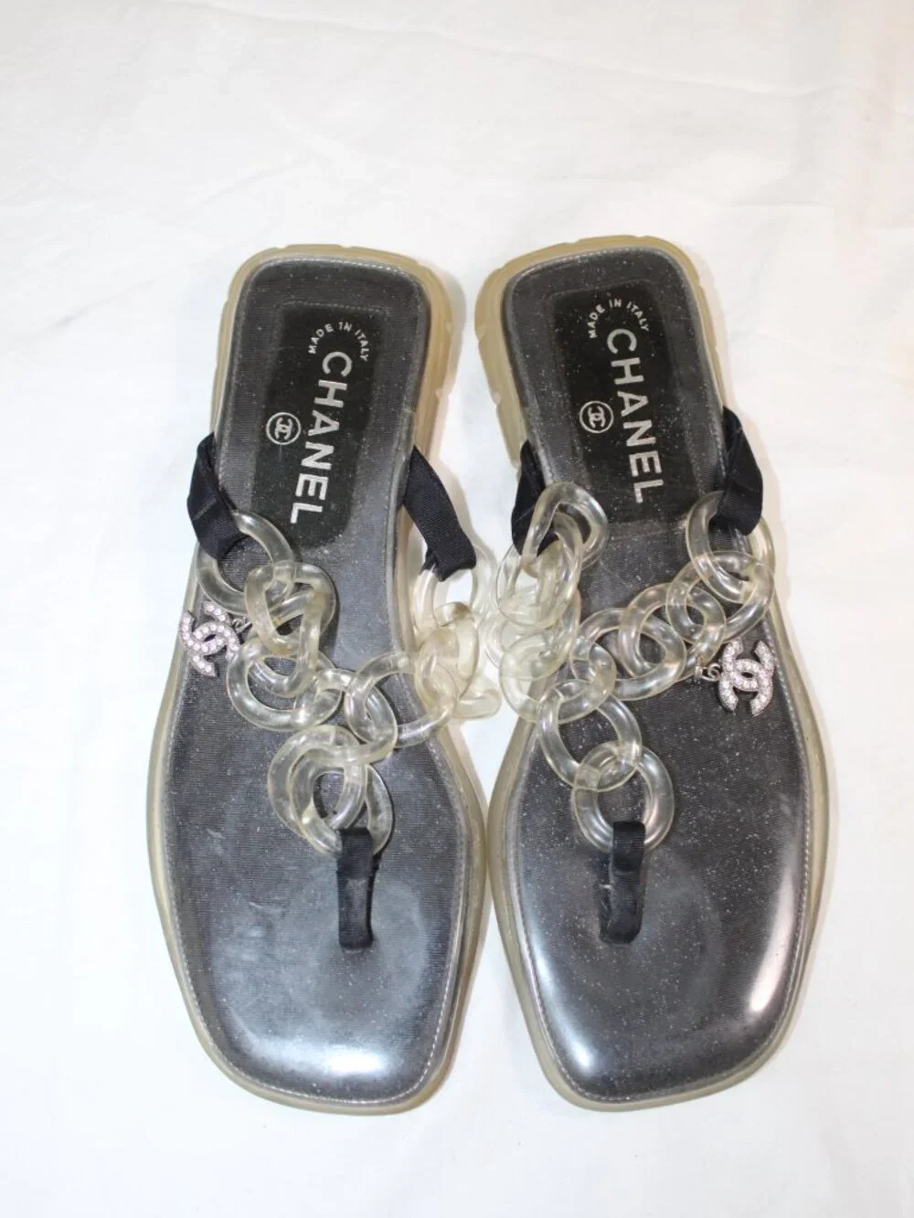 Chanel Jelly Chain Clear CC Studded Charm Thong Sandals 37.5 US 7.5 9.25 Insole